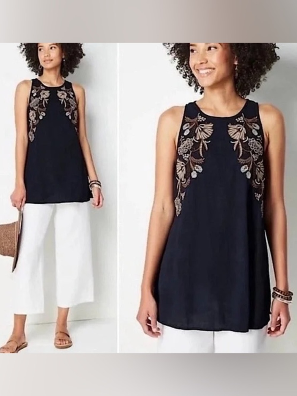 J.Jill Navy Embroidered Sleeveless Tunic Top, Summer Tank, Large